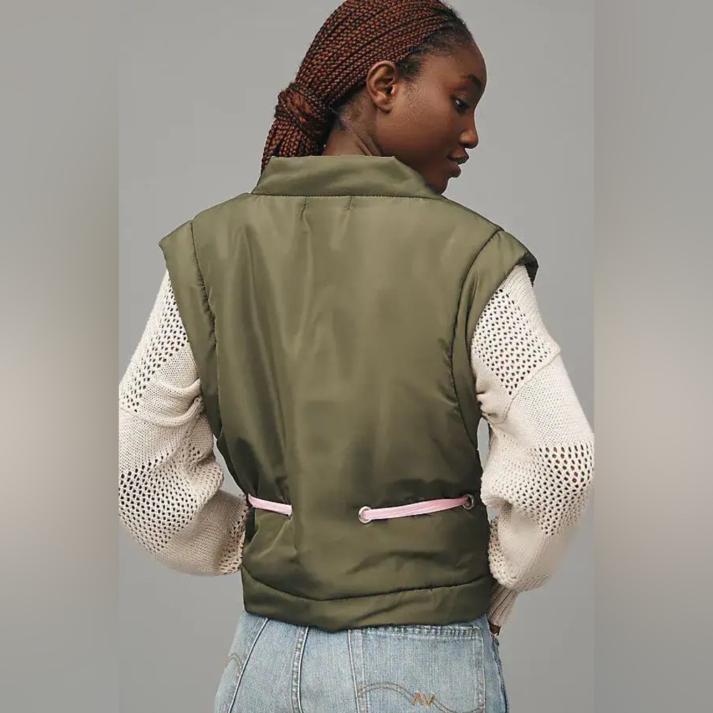 Daily Practice by Anthropologie Ribbon Tie Puffer Vest Size XS/S Green Pink - Picture 2 of 10